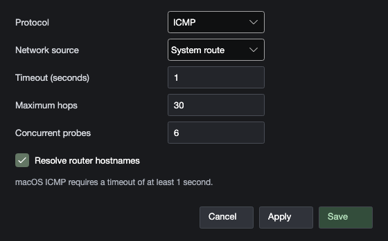 Pngr ICMP Probe Configuration dialog with source, timeout, maximum hops, and concurrency controls